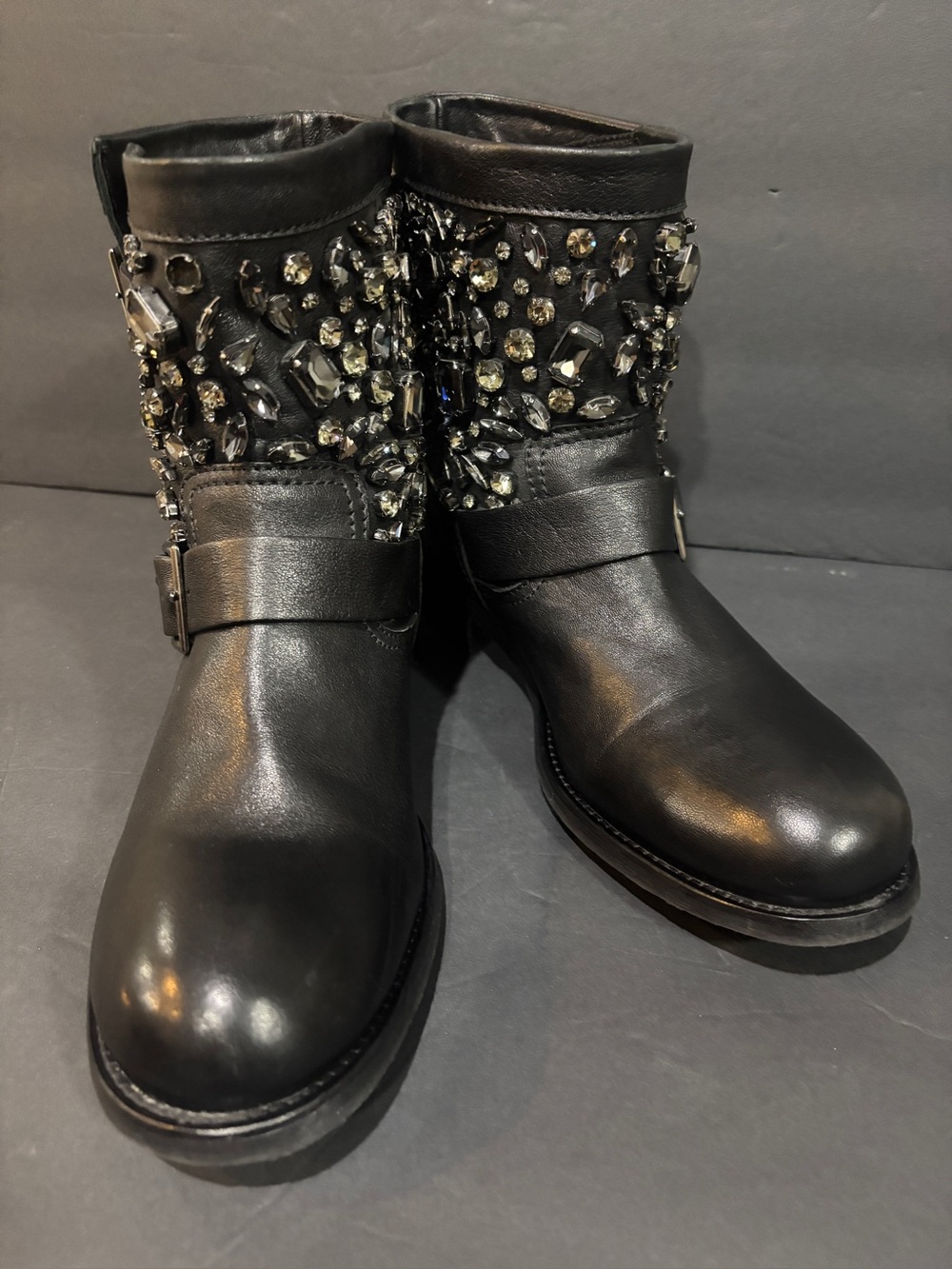 Jimmy Choo Black Leather Crystal Embellished Biker Ankle Boots Women 41.5 US 11